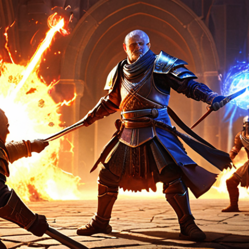 Home 11 Specialization in Action**
Prompt: A Battle Master in the heat of combat, surrounded by glowing energy effects representing different specializations. The focus is on the intensity of the skills being used, showcasing increased damage and range. Emphasize the strategic element of choosing the right specialization for each encounter. Fantasy art style, dynamic lighting, high detail.
**