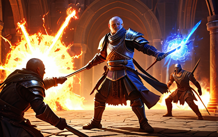 Specialization in Action**
Prompt: A Battle Master in the heat of combat, surrounded by glowing energy effects representing different specializations. The focus is on the intensity of the skills being used, showcasing increased damage and range. Emphasize the strategic element of choosing the right specialization for each encounter. Fantasy art style, dynamic lighting, high detail.
**