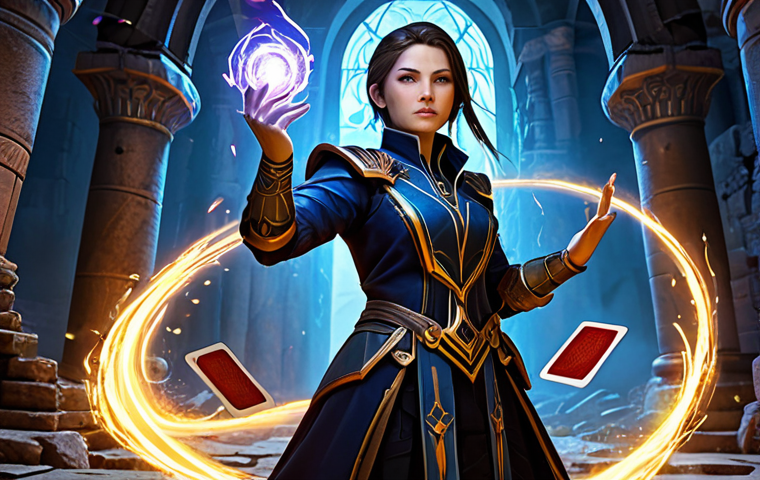 An Arcanist from Lost Ark, a professional woman in a modest, elegant arcane battle suit, actively casting a powerful spell. She is in a dynamic pose, with multiple stylized magical cards swirling around her, emitting vibrant arcane energy. The background features an epic, dark raid environment with ancient ruins and glowing magical elements, resembling a boss arena. The overall image showcases high detail, cinematic lighting, and professional photography. perfect anatomy, correct proportions, natural pose, well-formed hands, proper finger count, natural body proportions, fully clothed, modest clothing, appropriate attire, professional dress, safe for work, appropriate content, professional.