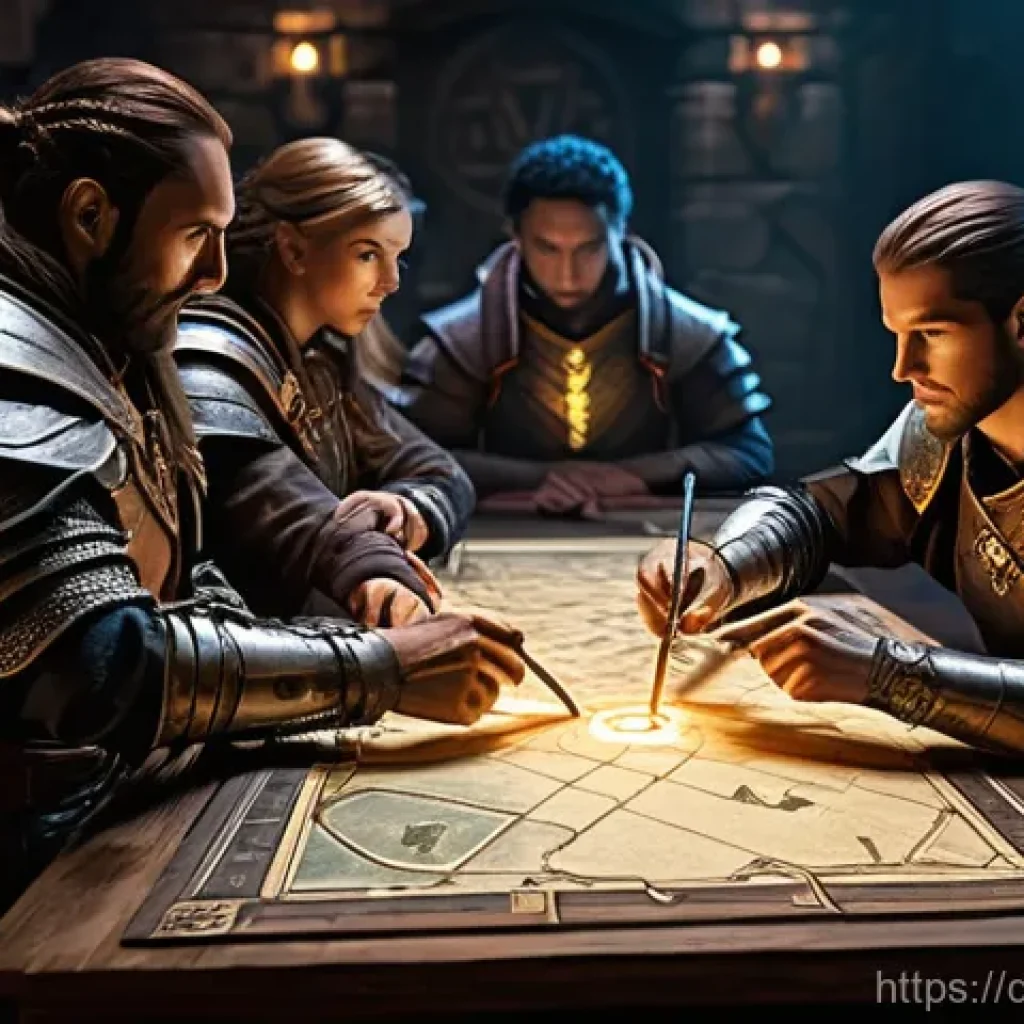 로스트아크 비아키스 레이드 전략 - **Prompt 1: Pre-Raid Strategy Session** "A diverse group of four fantasy adventurers, fully clad...