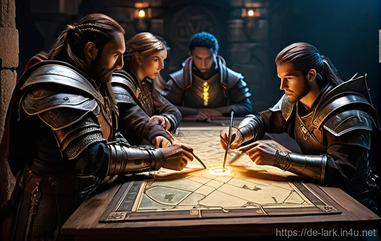 로스트아크 비아키스 레이드 전략 - **Prompt 1: Pre-Raid Strategy Session** "A diverse group of four fantasy adventurers, fully clad...