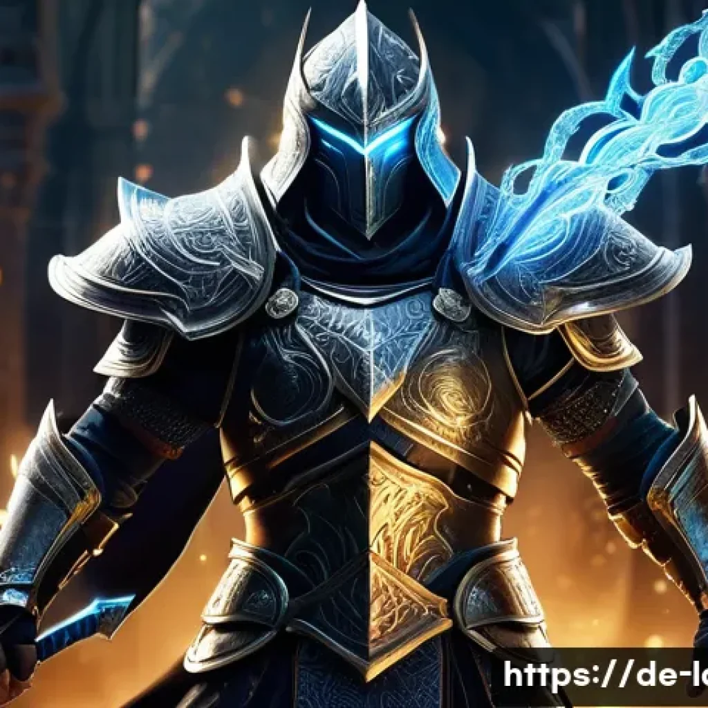 로스트아크 신규 직업 예상 - A dynamic fantasy warrior character in detailed hybrid armor combining magical and physical elements...