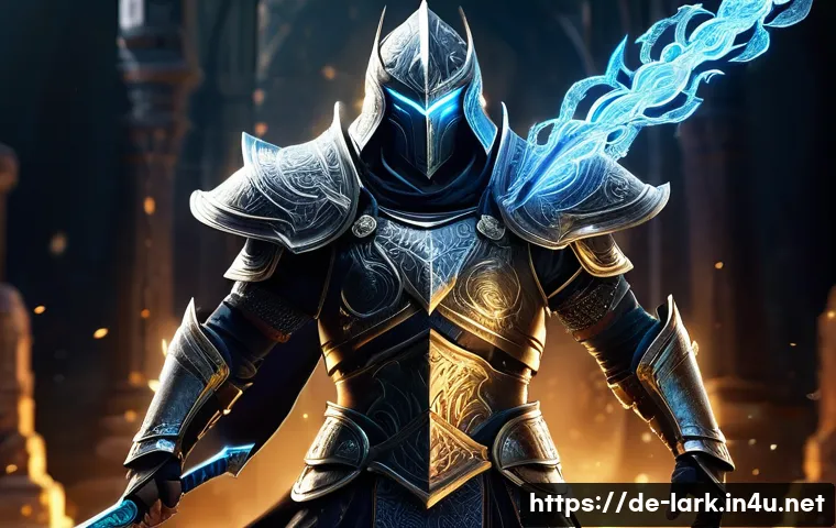 로스트아크 신규 직업 예상 - A dynamic fantasy warrior character in detailed hybrid armor combining magical and physical elements...