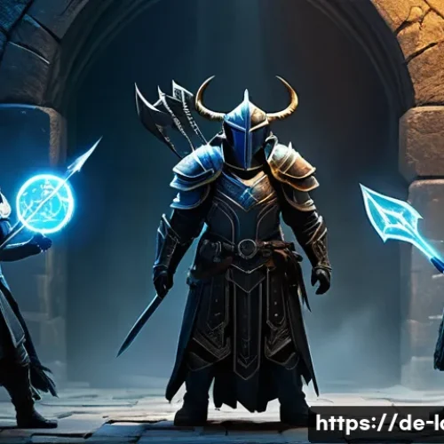 로스트아크 어비스 던전 공략법 - A dynamic fantasy RPG team in the Abyss Dungeon preparing for battle: a balanced group of four heroe...