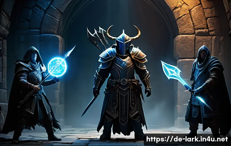 로스트아크 어비스 던전 공략법 - A dynamic fantasy RPG team in the Abyss Dungeon preparing for battle: a balanced group of four heroe...