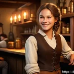 로스트아크 NPC 호감도 공략 - A warm, immersive fantasy tavern scene with a friendly young female NPC wearing modest adventurer&rsquo;s ...