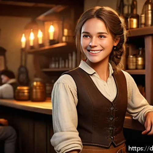 로스트아크 NPC 호감도 공략 - A warm, immersive fantasy tavern scene with a friendly young female NPC wearing modest adventurer&rsquo;s ...