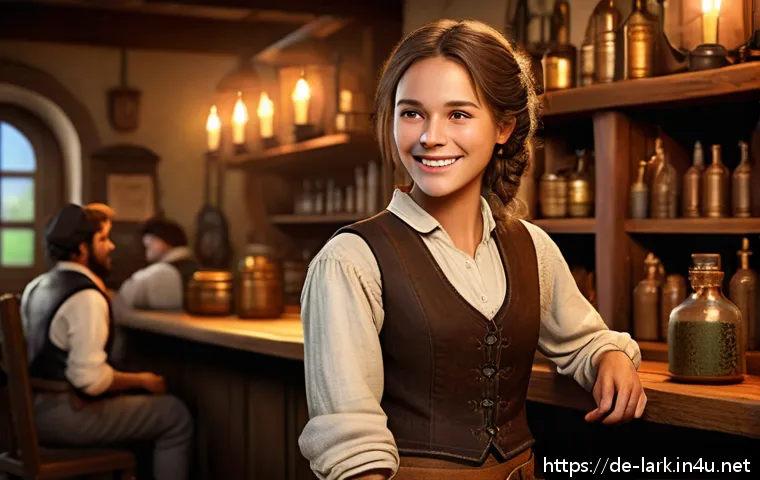 로스트아크 NPC 호감도 공략 - A warm, immersive fantasy tavern scene with a friendly young female NPC wearing modest adventurer&rsquo;s ...