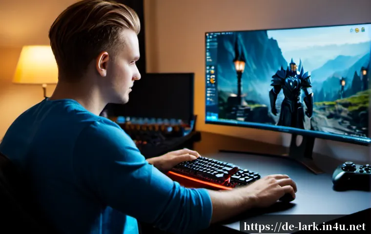로스트아크 장비 업그레이드 팁 - Photorealistic German gamer at a clean modern desk, carefully comparing two fantasy MMORPG armor set...
