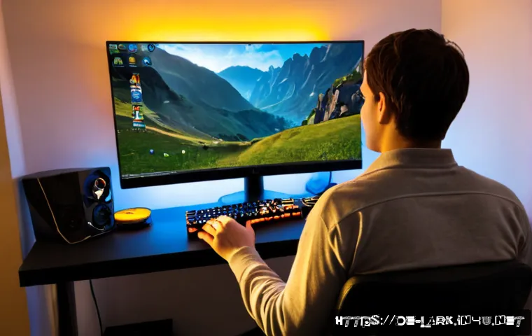 로스트아크 게임 설정 최적화 - Photorealistic cozy German home gaming desk, adult gamer seen from behind adjusting graphics setting...